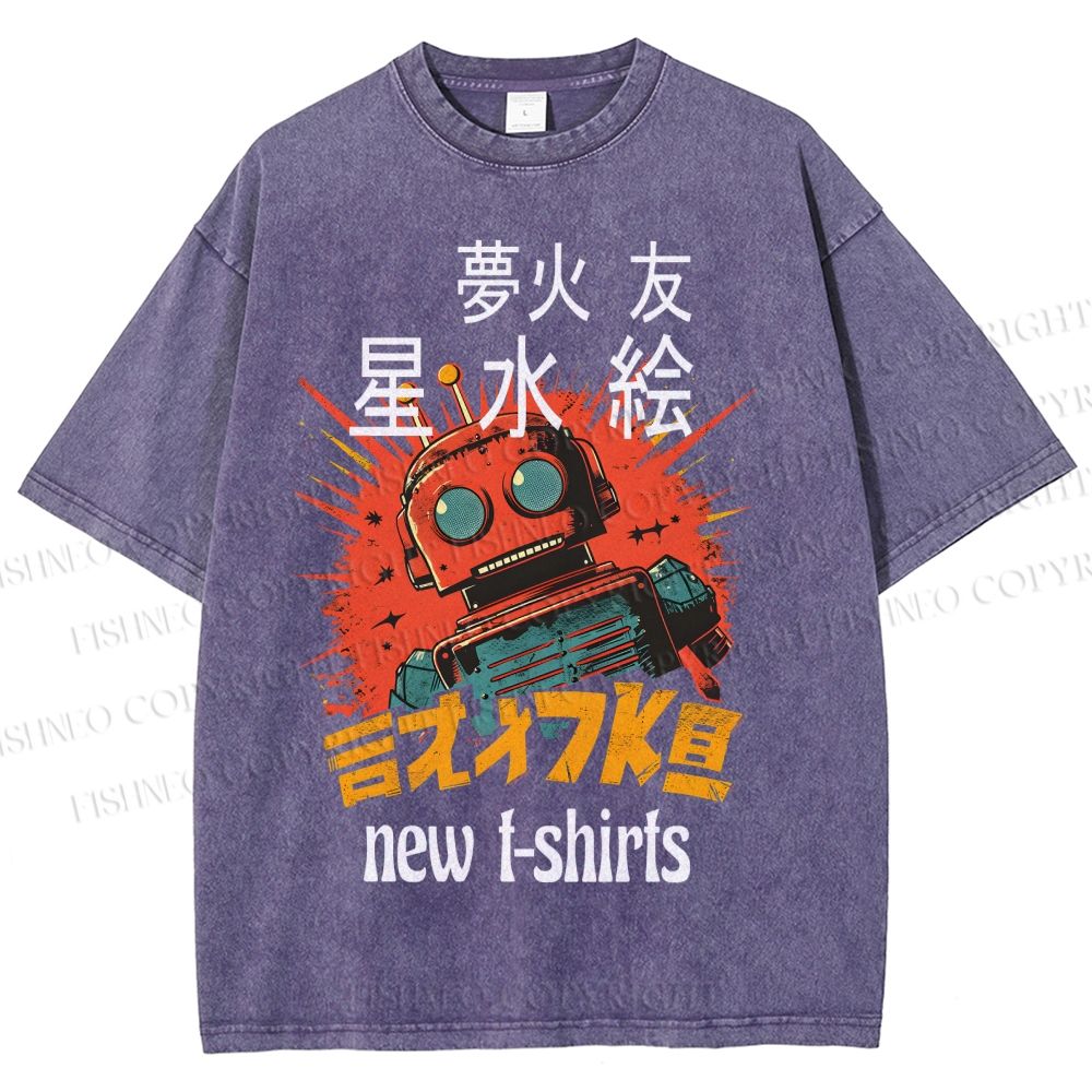 Unisex Vintage Robot Printed Washed Tee