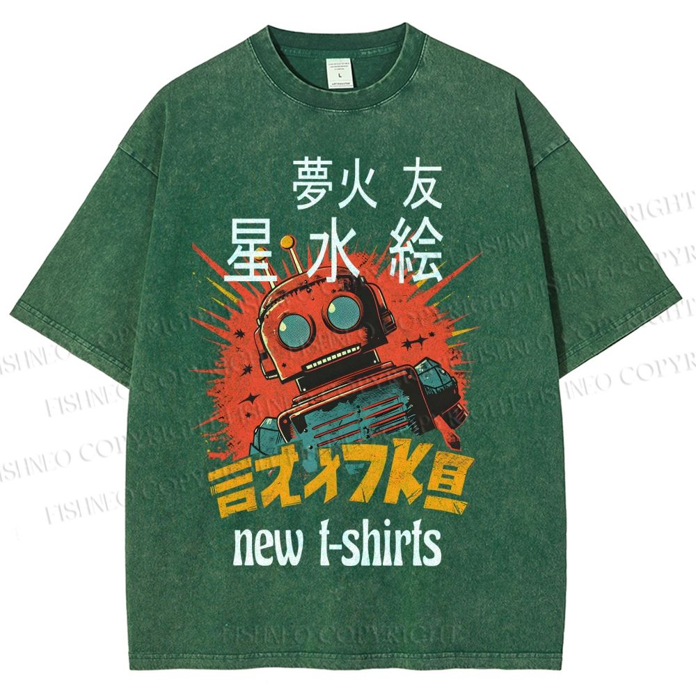 Unisex Vintage Robot Printed Washed Tee