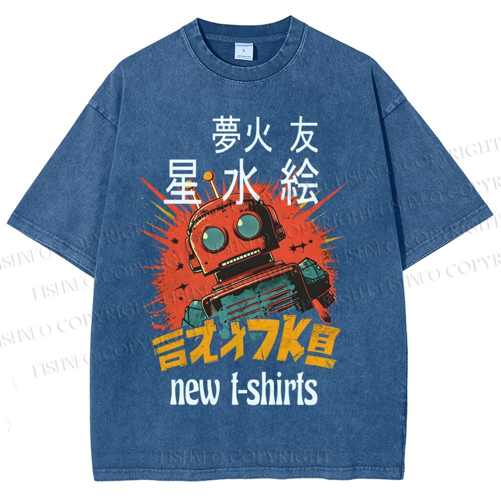 Unisex Vintage Robot Printed Washed Tee