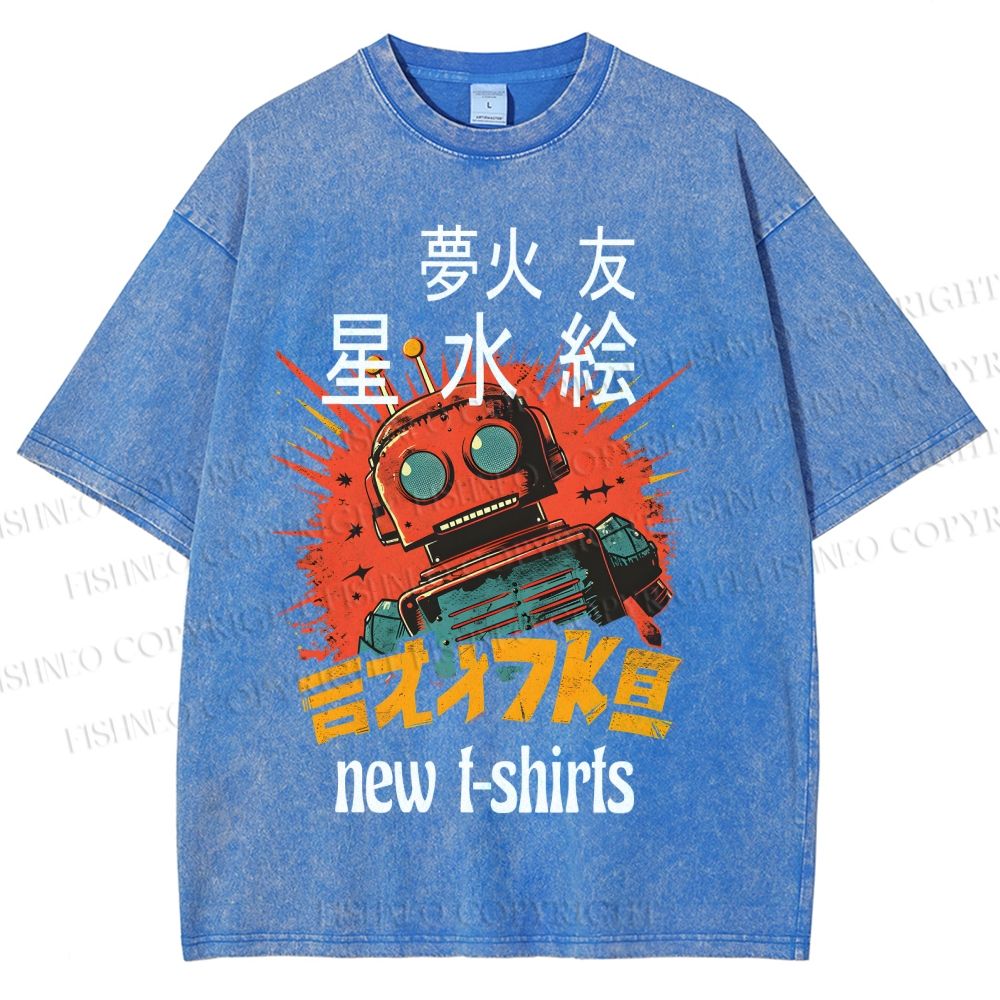 Unisex Vintage Robot Printed Washed Tee