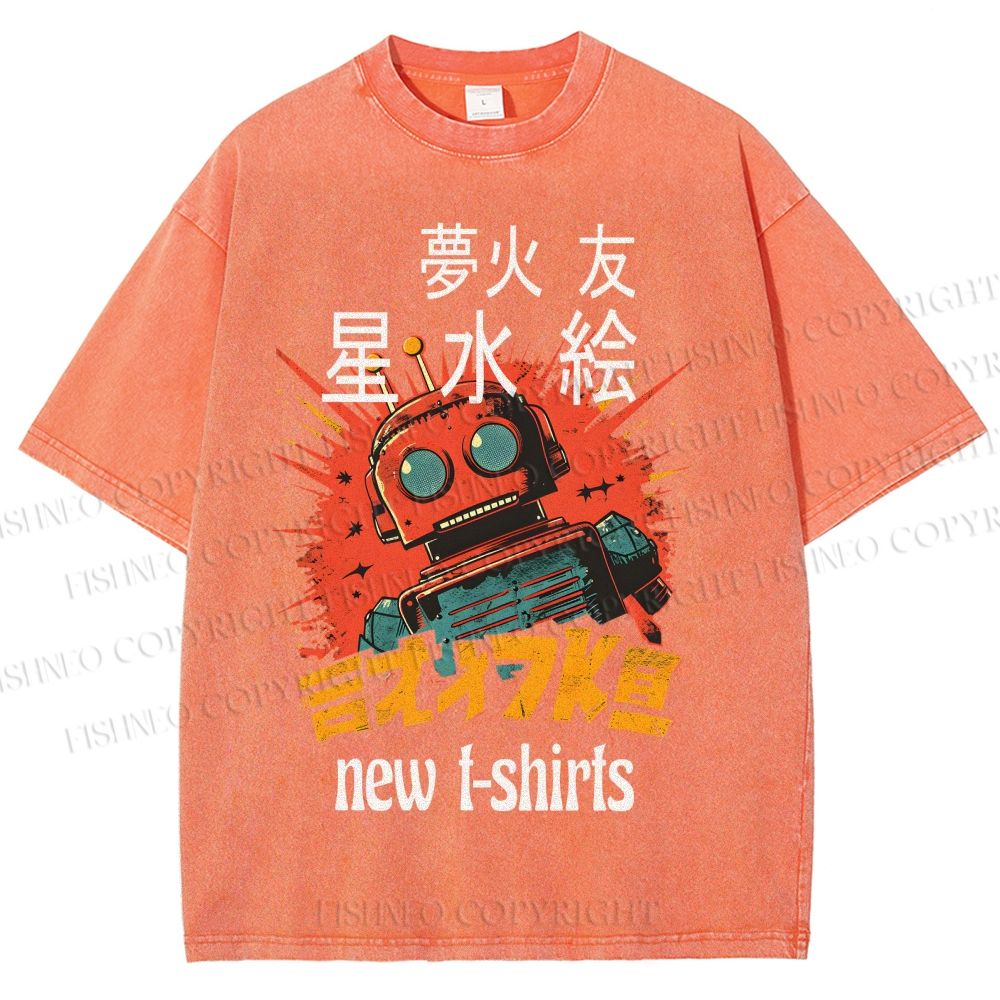 Unisex Vintage Robot Printed Washed Tee
