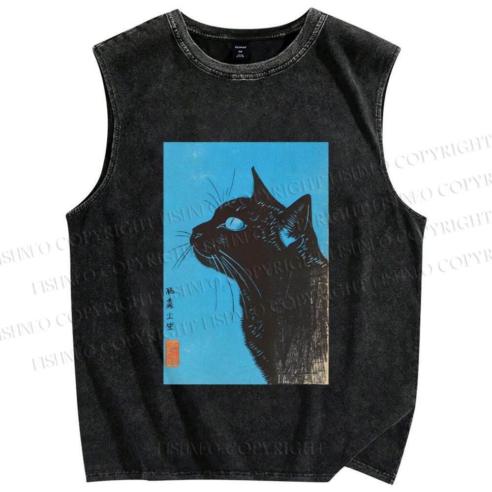Unisex Cat Printed Washed Tank Top