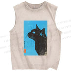 Unisex Cat Printed Washed Tank Top