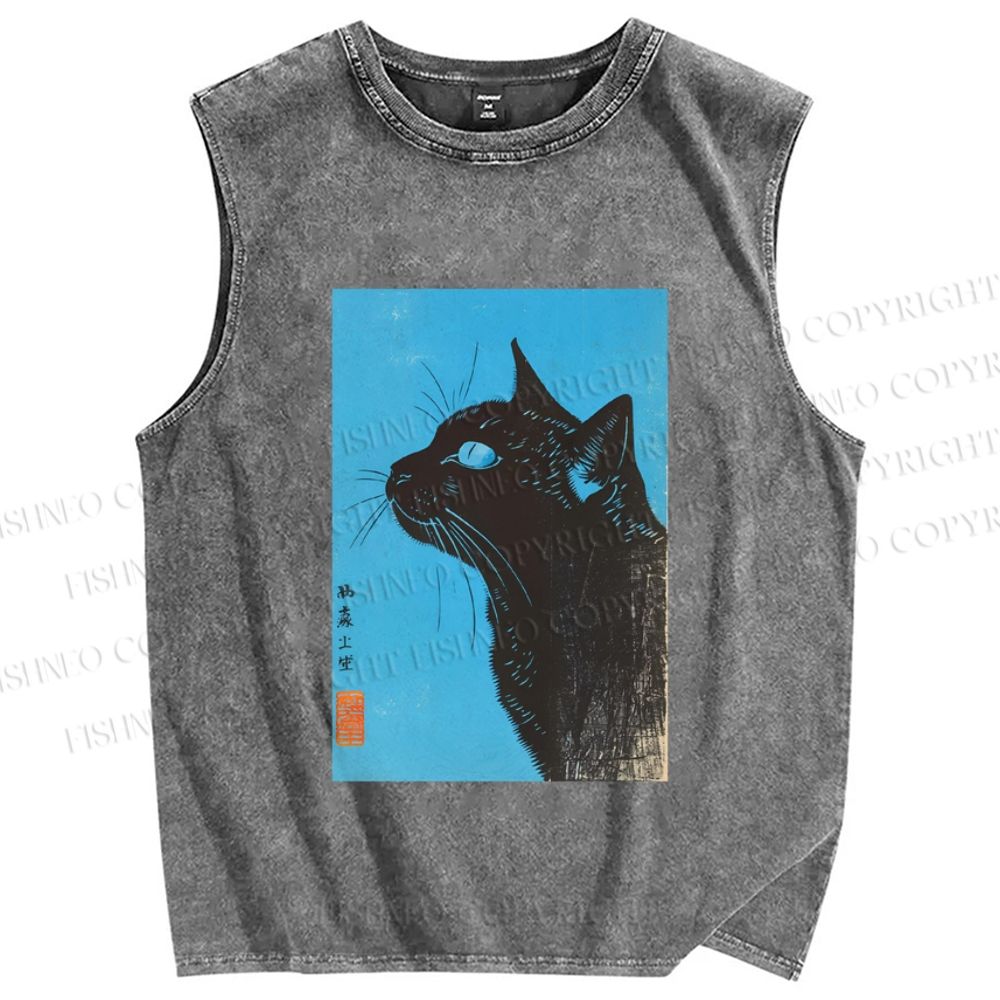 Unisex Cat Printed Washed Tank Top