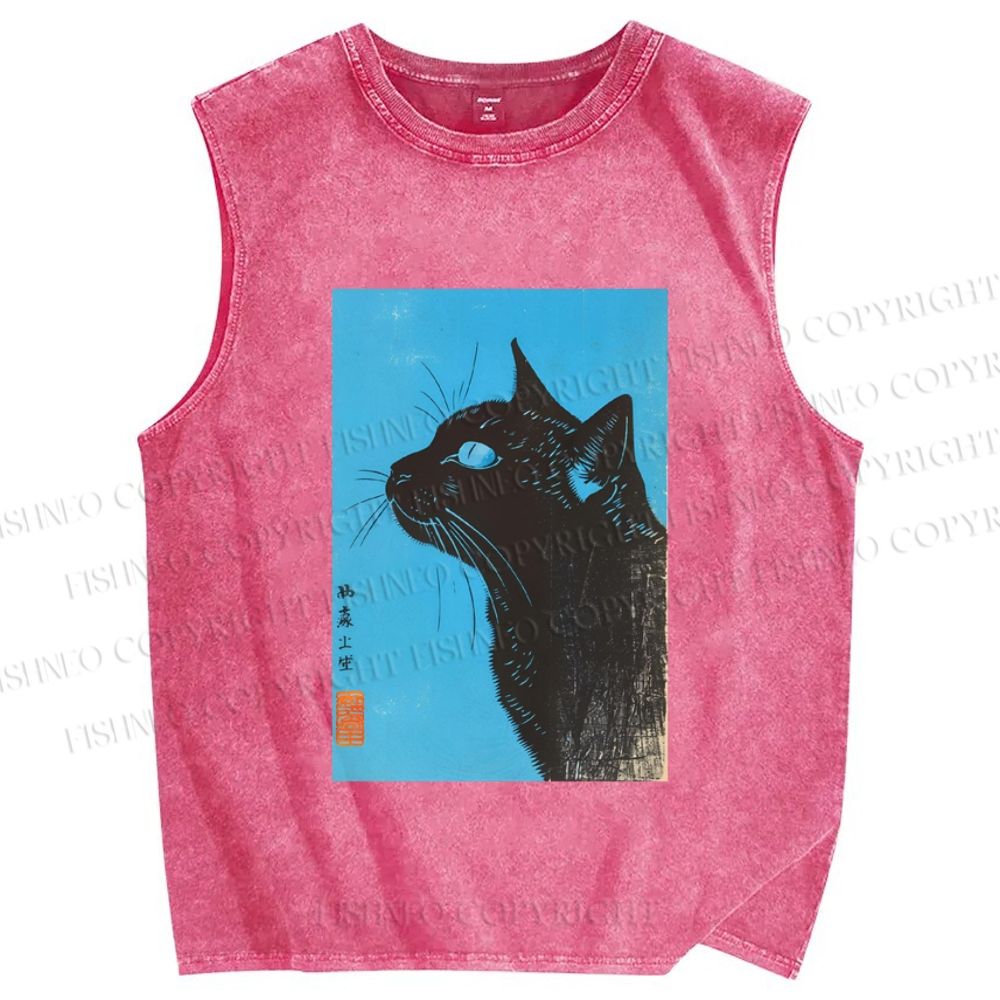 Unisex Cat Printed Washed Tank Top