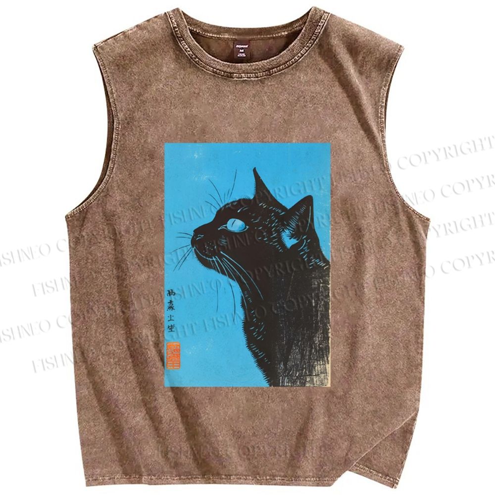 Unisex Cat Printed Washed Tank Top