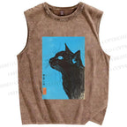 Unisex Cat Printed Washed Tank Top