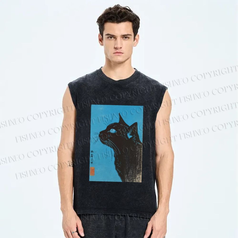 Unisex Cat Printed Washed Tank Top