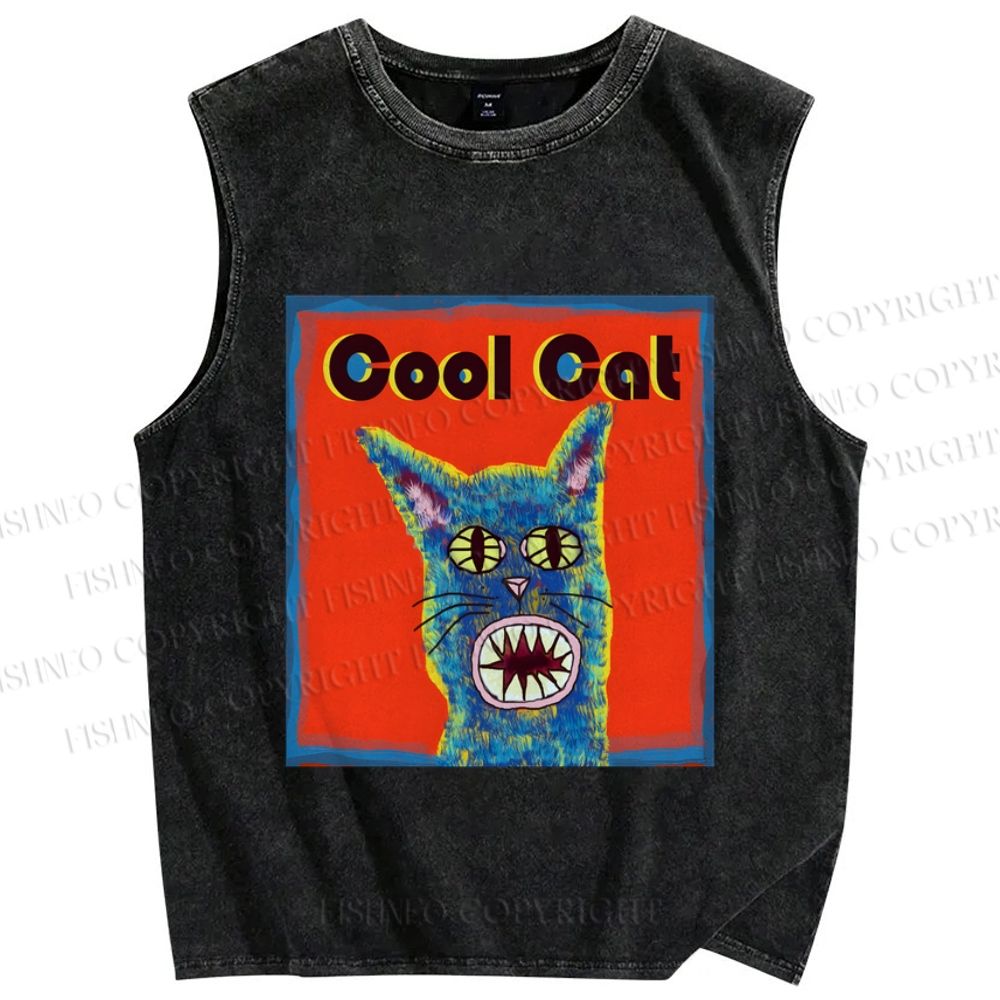 Unisex Cool Cat Printed Washed Tank Top