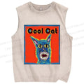 Unisex Cool Cat Printed Washed Tank Top
