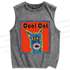 Unisex Cool Cat Printed Washed Tank Top