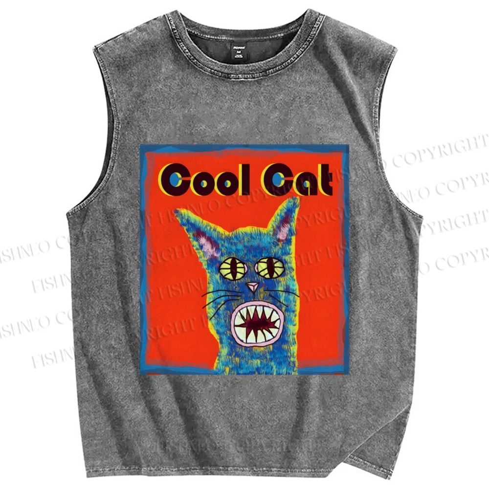 Unisex Cool Cat Printed Washed Tank Top