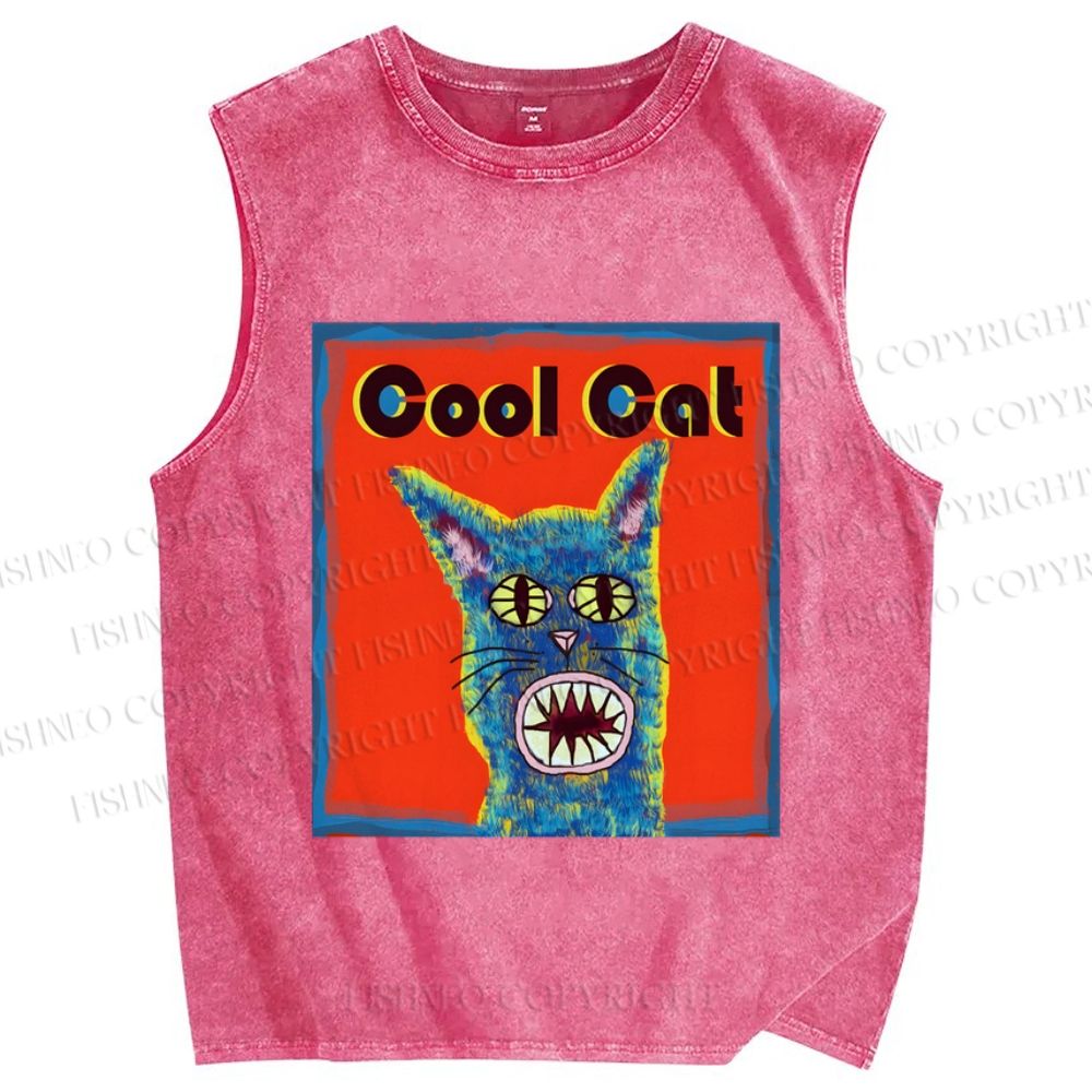 Unisex Cool Cat Printed Washed Tank Top