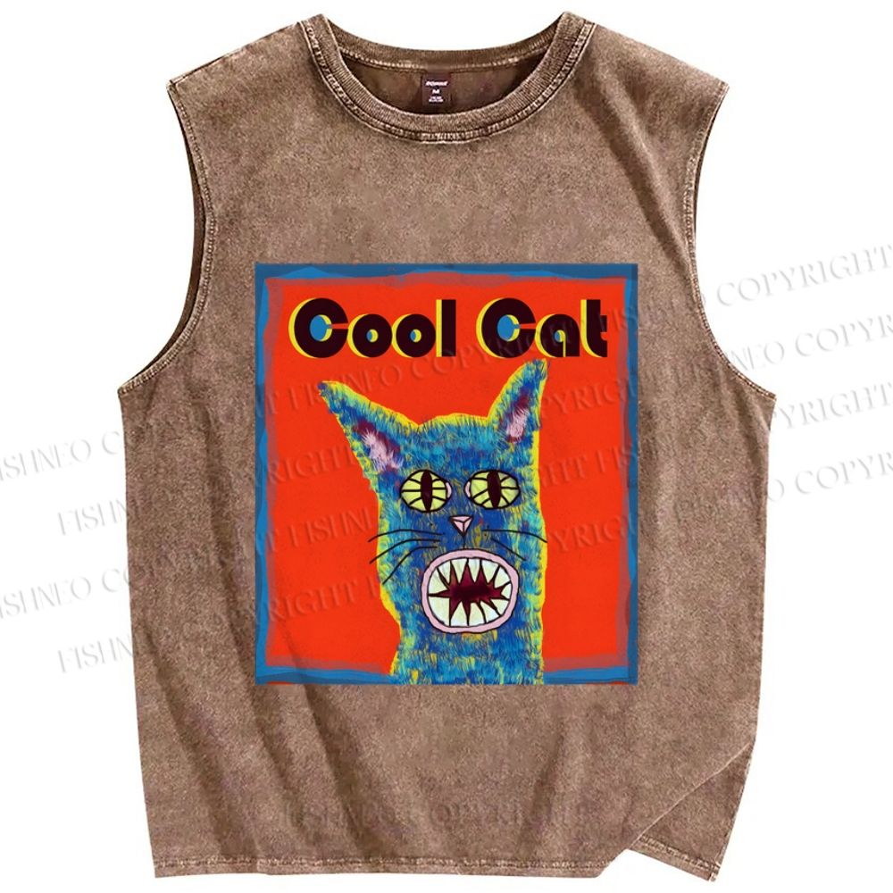 Unisex Cool Cat Printed Washed Tank Top