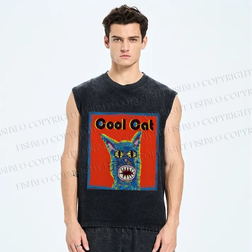 Unisex Cool Cat Printed Washed Tank Top