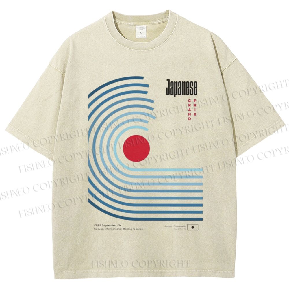 Unisex Japanese Geometric Stripes Printed Washed Tee