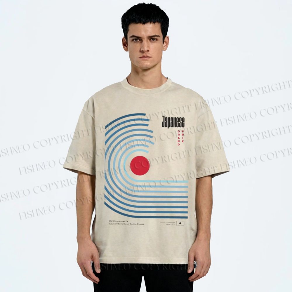 Unisex Japanese Geometric Stripes Printed Washed Tee