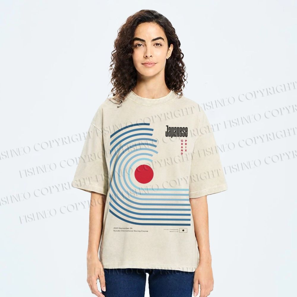 Unisex Japanese Geometric Stripes Printed Washed Tee