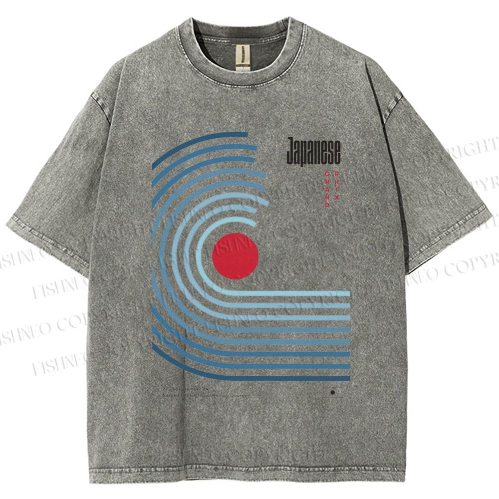 Unisex Japanese Geometric Stripes Printed Washed Tee