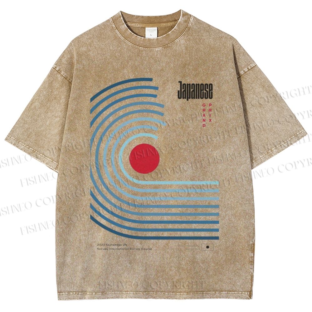 Unisex Japanese Geometric Stripes Printed Washed Tee