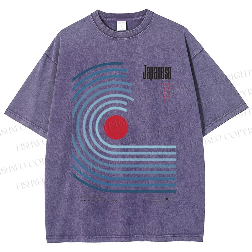 Unisex Japanese Geometric Stripes Printed Washed Tee