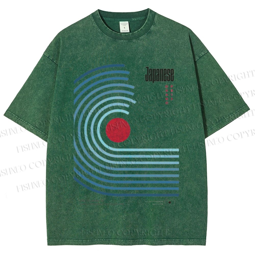 Unisex Japanese Geometric Stripes Printed Washed Tee