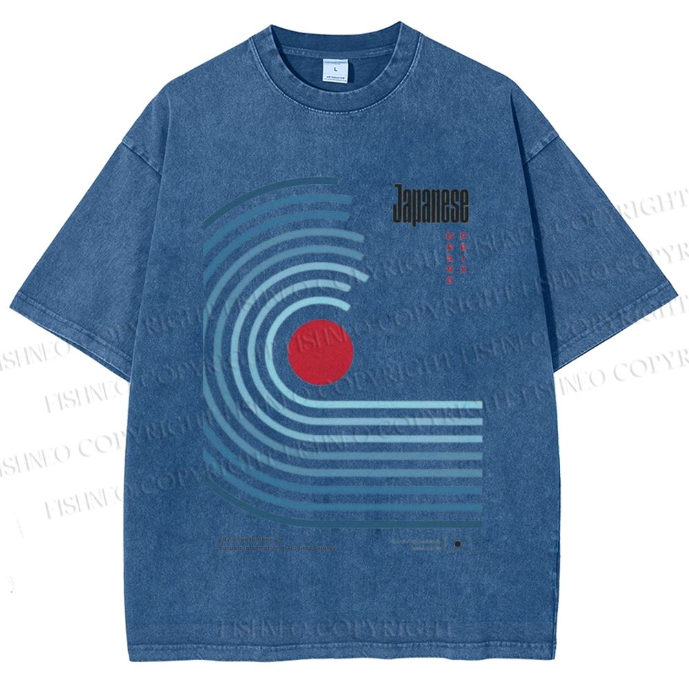 Unisex Japanese Geometric Stripes Printed Washed Tee