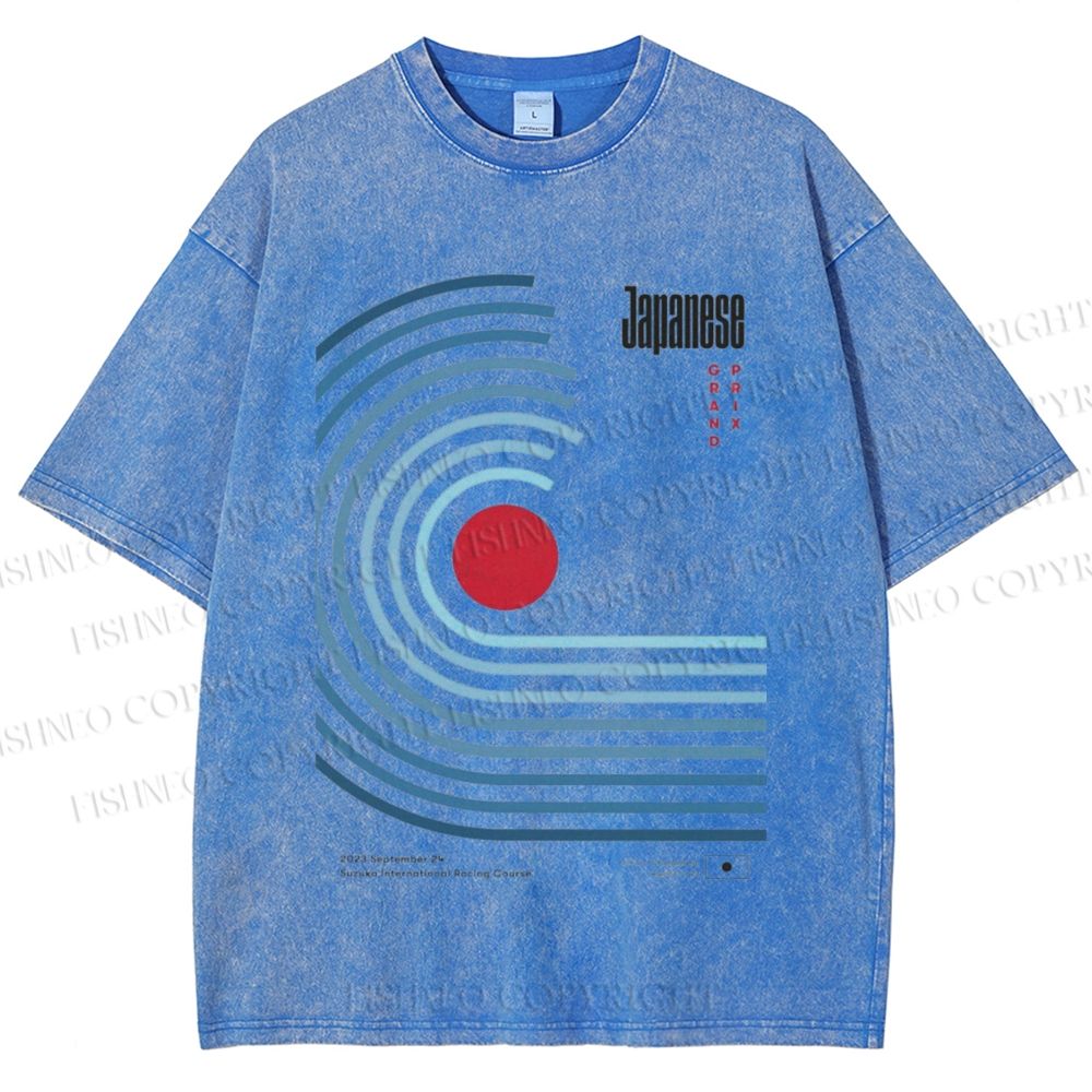 Unisex Japanese Geometric Stripes Printed Washed Tee