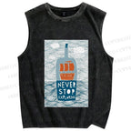Unisex Waves And Drifting BottlesPrinted Washed Tank Top