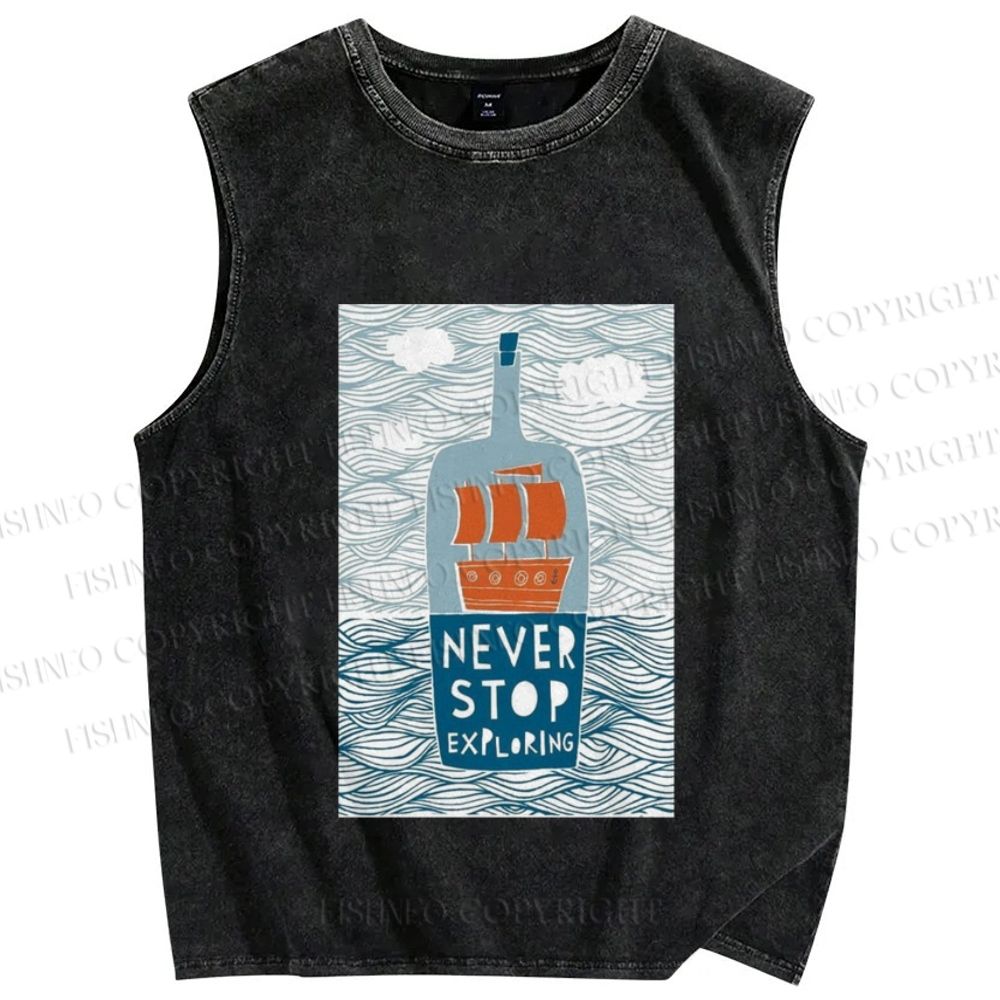 Unisex Waves And Drifting BottlesPrinted Washed Tank Top