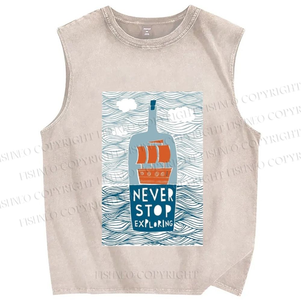 Unisex Waves And Drifting BottlesPrinted Washed Tank Top