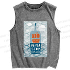 Unisex Waves And Drifting BottlesPrinted Washed Tank Top