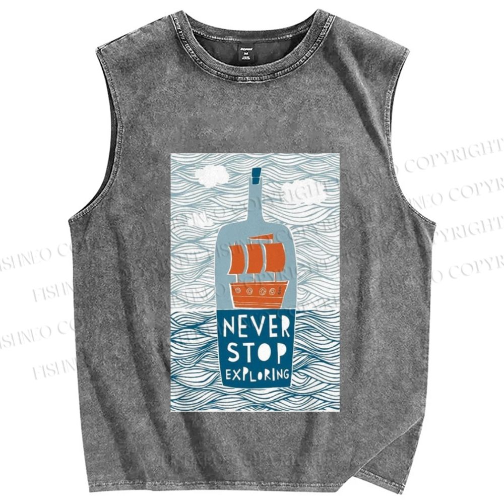 Unisex Waves And Drifting BottlesPrinted Washed Tank Top