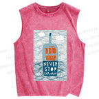 Unisex Waves And Drifting BottlesPrinted Washed Tank Top