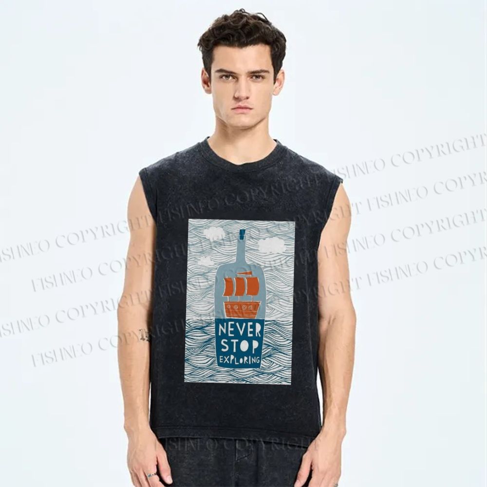 Unisex Waves And Drifting BottlesPrinted Washed Tank Top