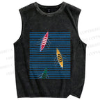 Unisex Waves And Boat Printed Washed Tank Top