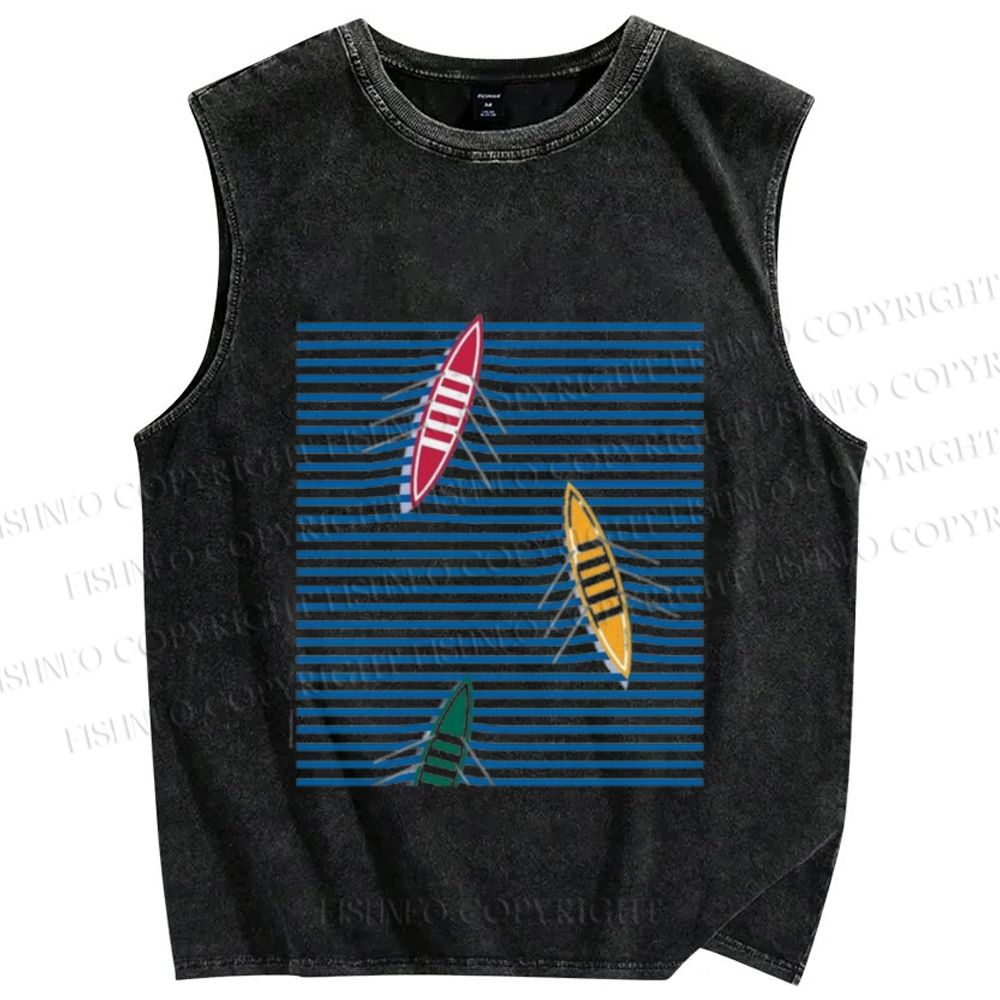 Unisex Waves And Boat Printed Washed Tank Top
