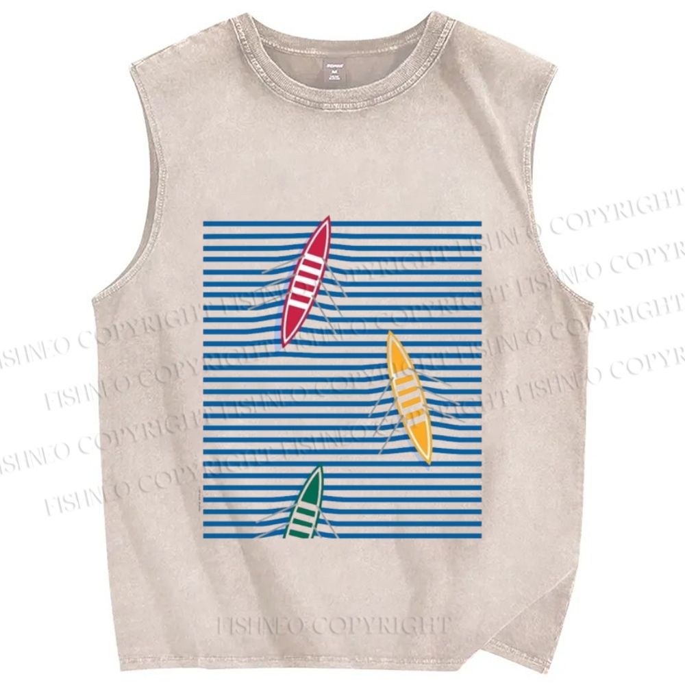 Unisex Waves And Boat Printed Washed Tank Top