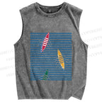 Unisex Waves And Boat Printed Washed Tank Top