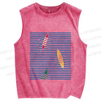 Unisex Waves And Boat Printed Washed Tank Top