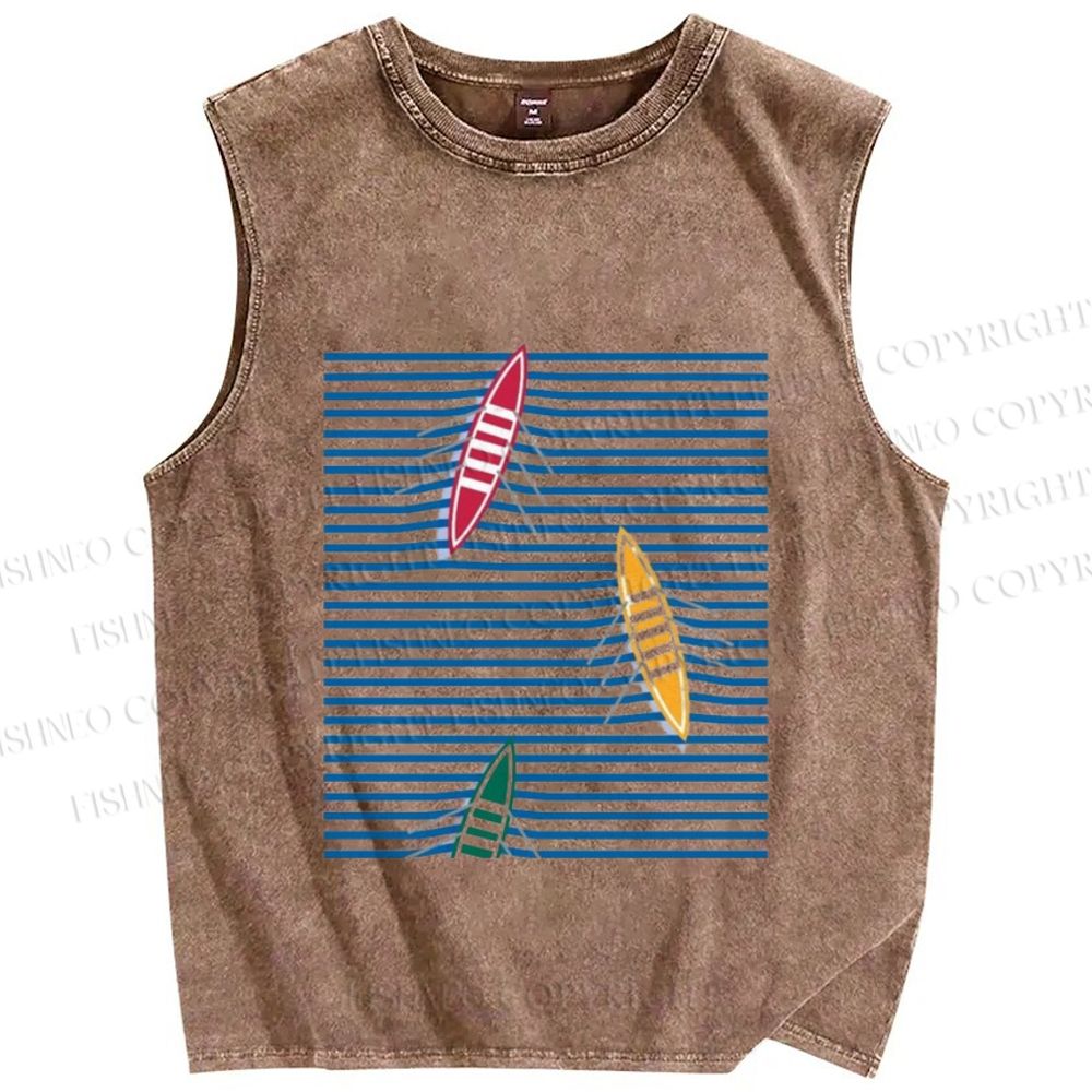 Unisex Waves And Boat Printed Washed Tank Top