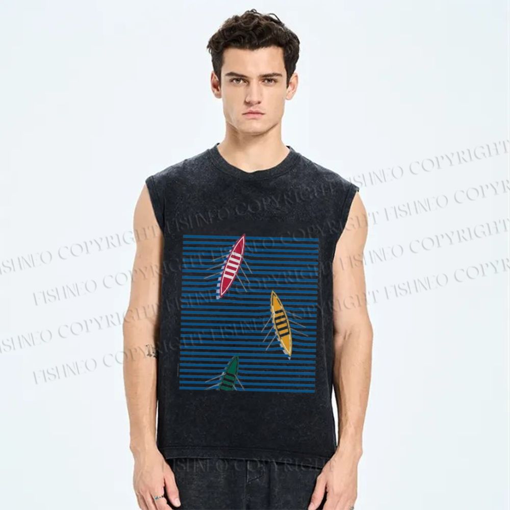 Unisex Waves And Boat Printed Washed Tank Top