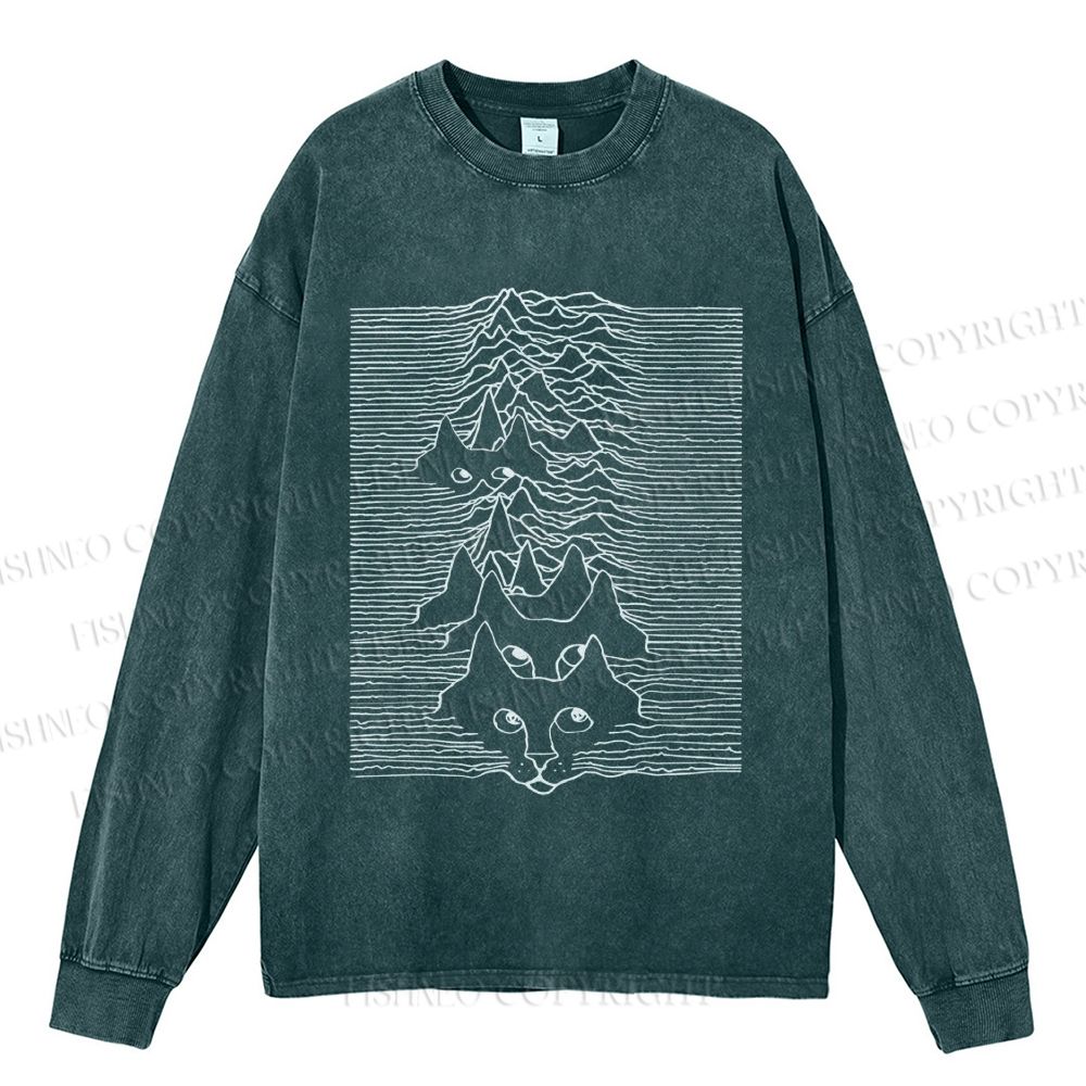 Unisex Casual Washed Artistic Wave Dog Printed Long Sleeve T-shirt