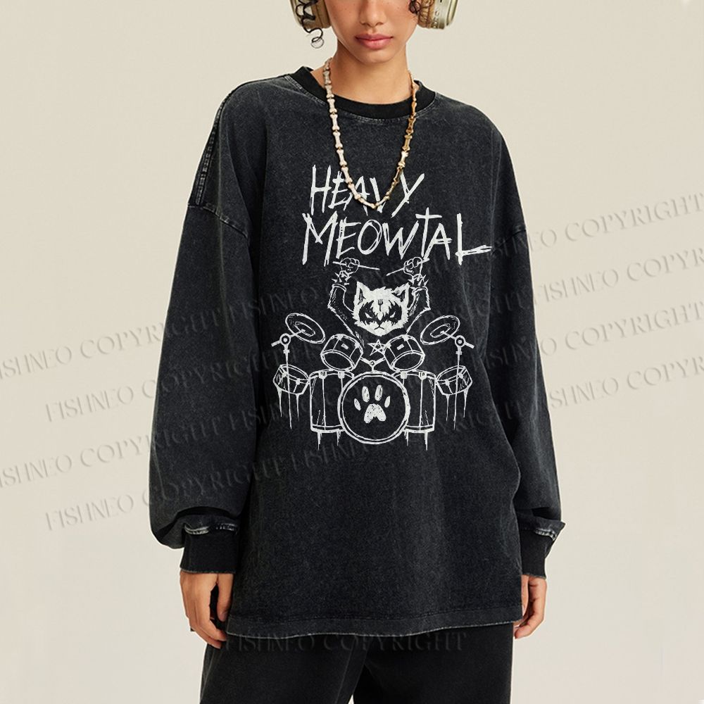 Unisex Casual Washed Heavy Meowtal Printed Long Sleeve T-shirt