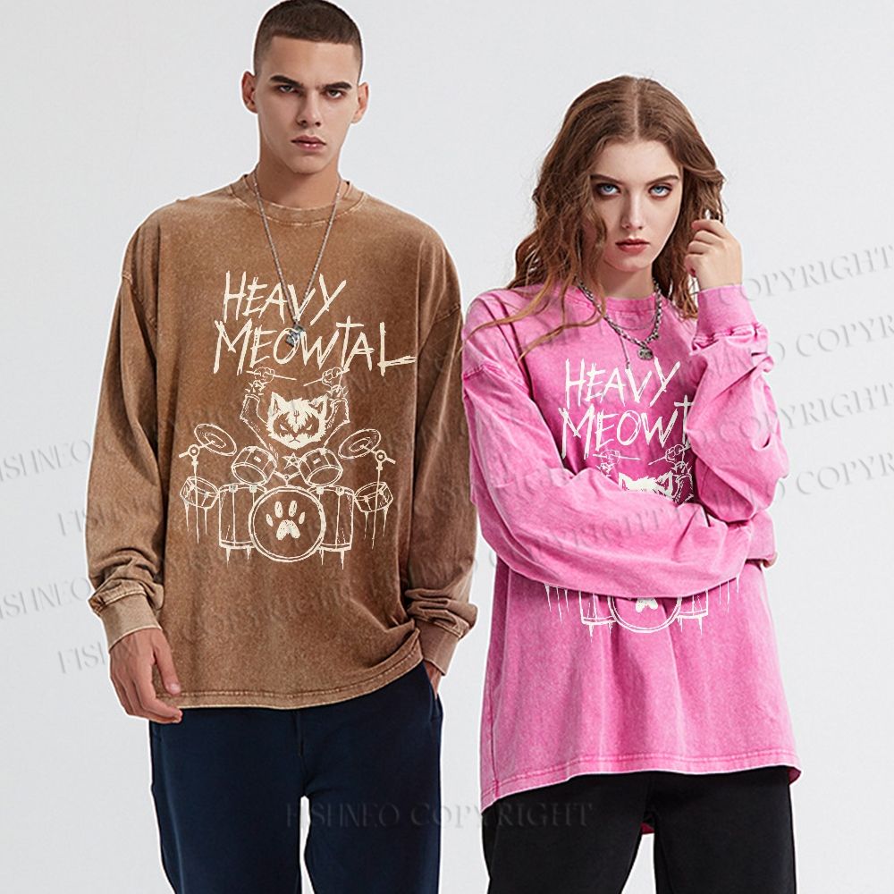 Unisex Casual Washed Heavy Meowtal Printed Long Sleeve T-shirt