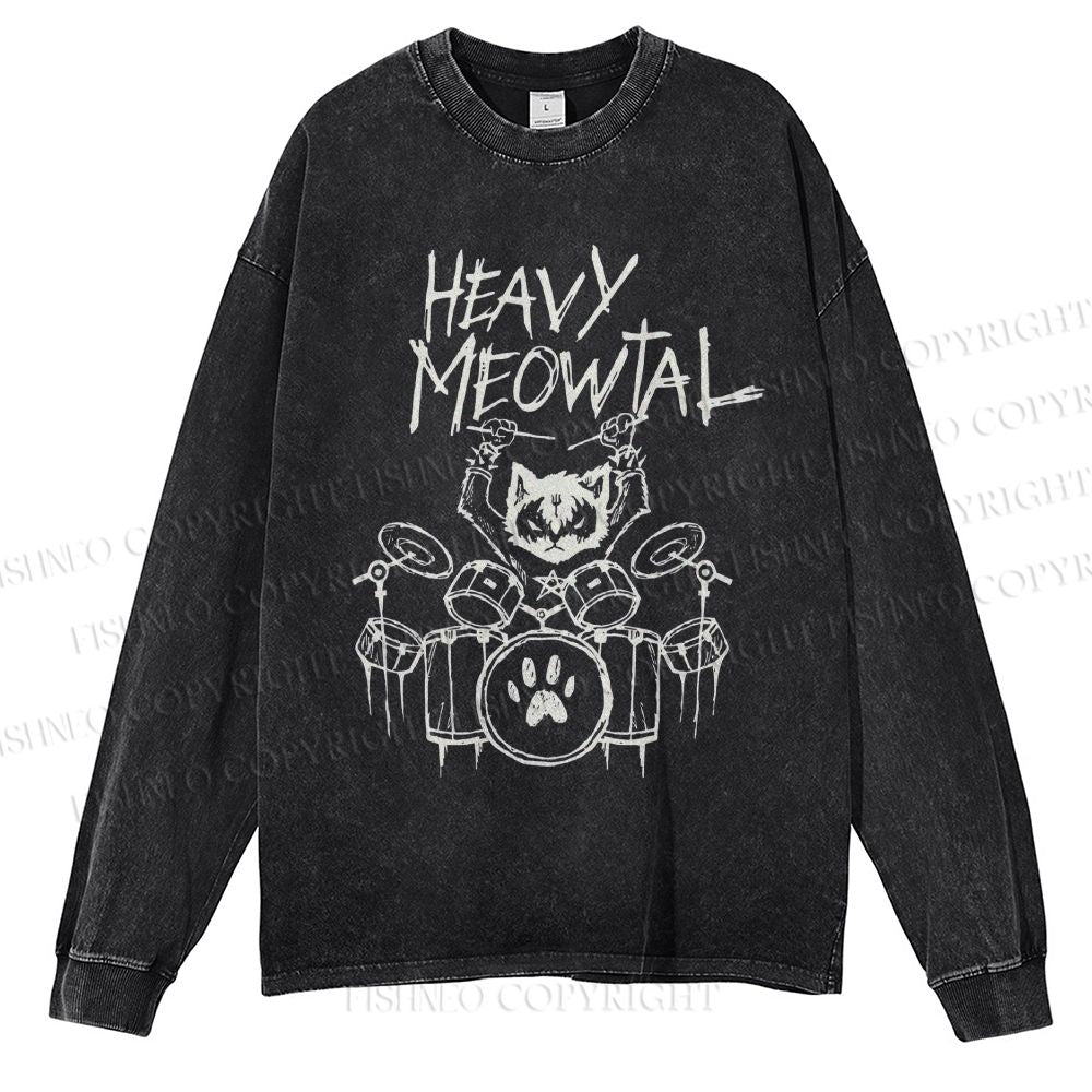 Unisex Casual Washed Heavy Meowtal Printed Long Sleeve T-shirt