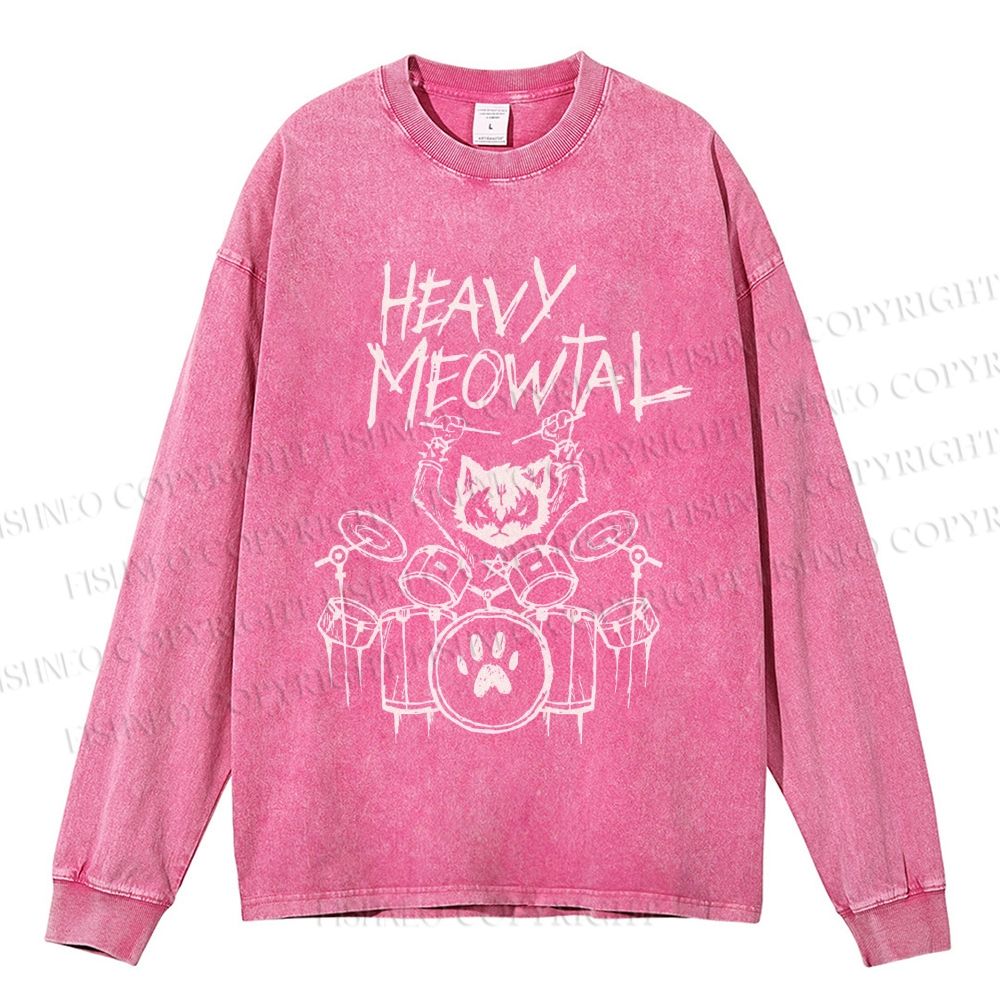 Unisex Casual Washed Heavy Meowtal Printed Long Sleeve T-shirt