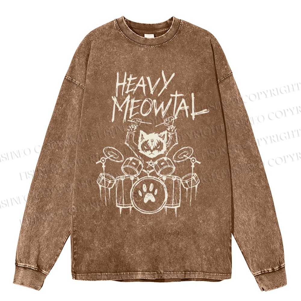 Unisex Casual Washed Heavy Meowtal Printed Long Sleeve T-shirt