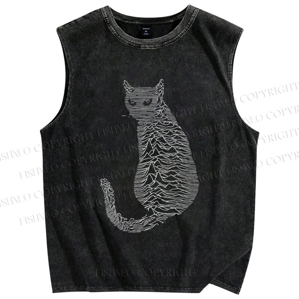Unisex Line Cat Printed Washed Tank Top