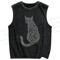 Unisex Line Cat Printed Washed Tank Top
